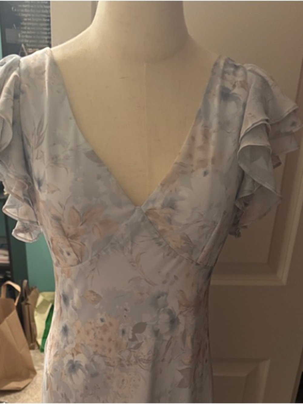 Altar'd State Light Blue Floral Maxi Dress with Ruffle Sleeves